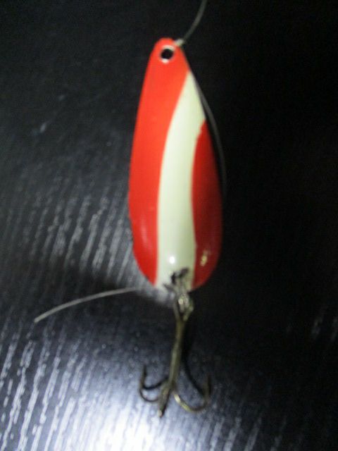collectible fishing lure values metal Used Vintage Red & White Spoon Fishing Lure