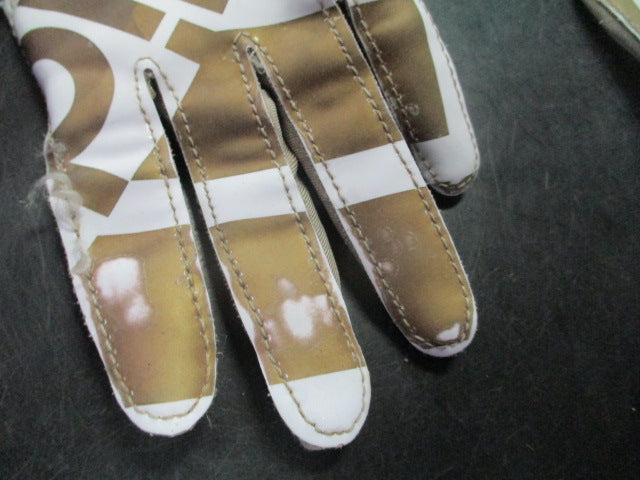 Load image into Gallery viewer, Used Adidas Gold and White Youth Medium Football Gloves
