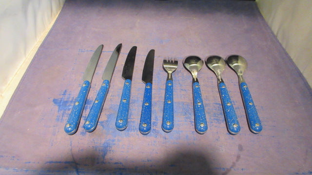 Load image into Gallery viewer, Used Ozark Trail Dinnerware Set - missing 3 forks, 1 spoon, and cup wear
