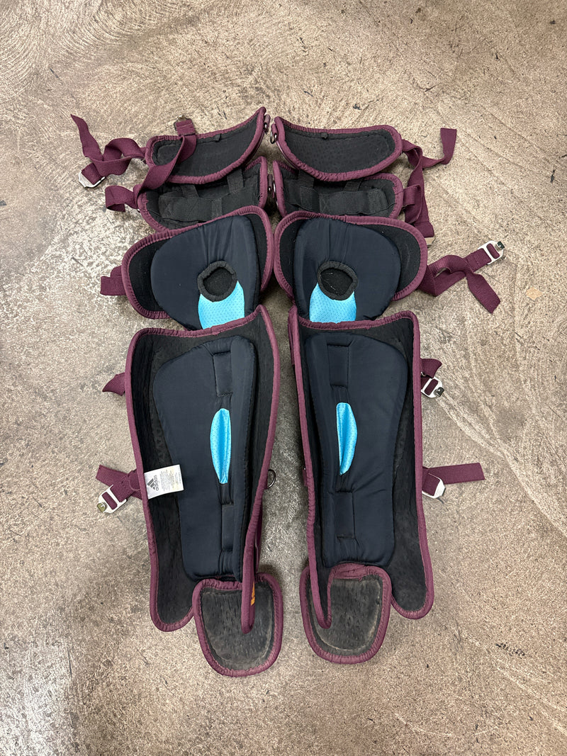 Load image into Gallery viewer, Used Adidas Pro Series Maroon and Gold 17 " Catcher Leg Guards
