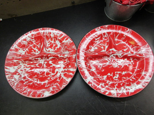Used Vintage Red/White Enamelware Divided Camp Plate