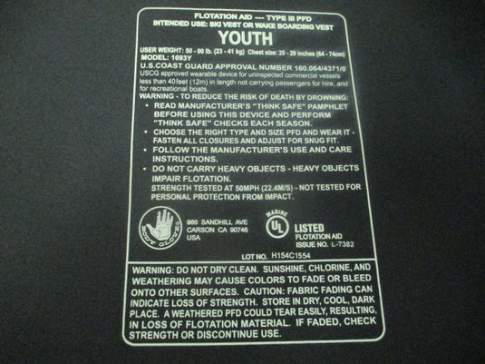 Used BodyGlove Vision Youth Life Jacket Size 50-90lbs