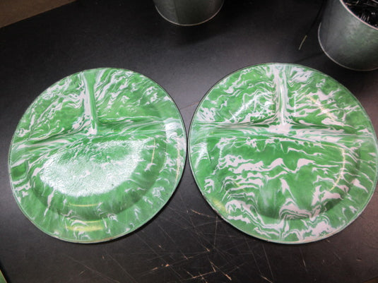 Used Vintage Green/White Enamelware Divided Camp Plate