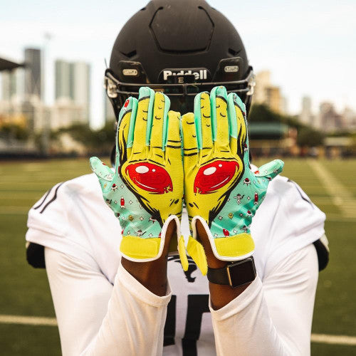 football gloves on helmet New Battle Cloaked "Alien" Blue and White Football Receiver Gloves