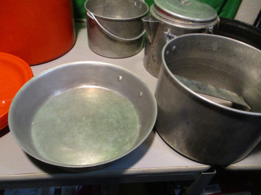Used Vintage Orange Aluminum Camp Mess Kit Kitchen Pots , 6-Plates