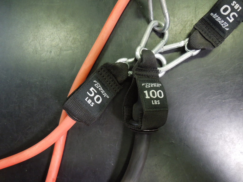 Load image into Gallery viewer, Used Fitness Gear 2pc Heavy Resistance Bands with Carrabiner Endoints 50&amp;100 lb
