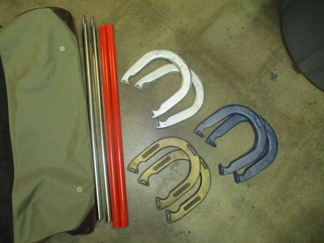 Load image into Gallery viewer, Used Eddie Bauer Horseshoe Set With Metal Stakes 3 Pairs of Shoes With Carry Bag
