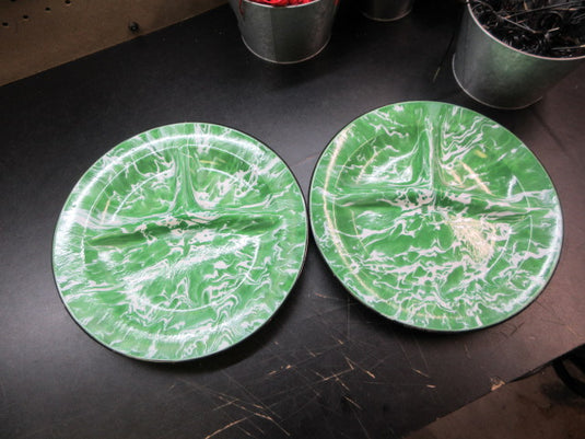 Used Vintage Green/White Enamelware Divided Camp Plate