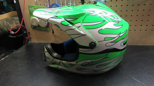 Used Motocross Dirt Bike ATV Helmet Green W/ Silver Flames - Size Large