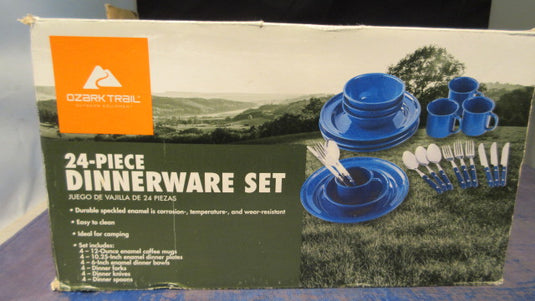 Used Ozark Trail Dinnerware Set - missing 3 forks, 1 spoon, and cup wear