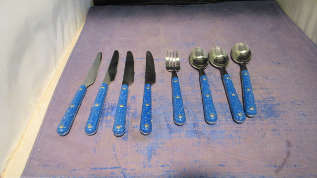 Load image into Gallery viewer, Used Ozark Trail Dinnerware Set - missing 3 forks, 1 spoon, and cup wear
