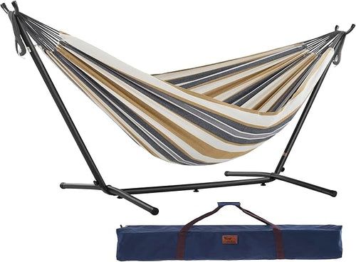 Used Vivere Double Cotton Hammock with Space Saving Steel Stand No Carry Bag
