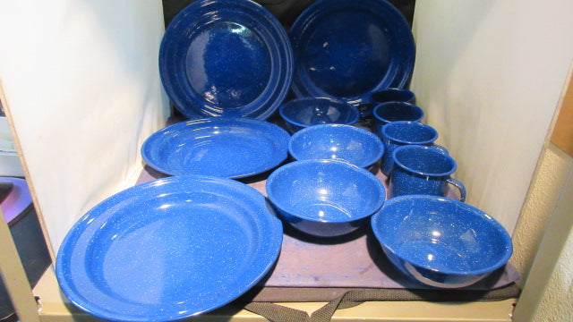 Load image into Gallery viewer, Used Ozark Trail Dinnerware Set - missing 3 forks, 1 spoon, and cup wear
