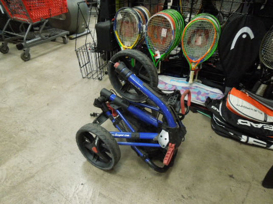 Used Clicgear Model 3.0 Folding Golf Push Cart Securing Bungee Straps are Worn