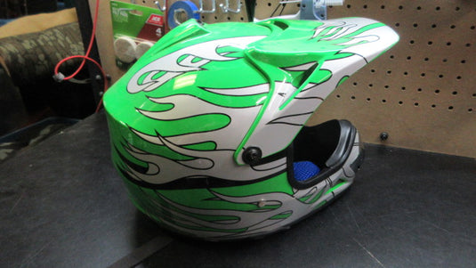 Used Motocross Dirt Bike ATV Helmet Green W/ Silver Flames - Size Large