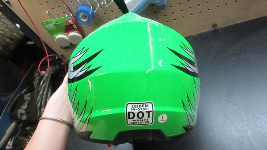 Used Motocross Dirt Bike ATV Helmet Green W/ Silver Flames - Size Large