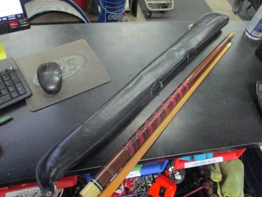 Used 2 Piece Wood and Wrapped Leather Pool Cue With Leather Case