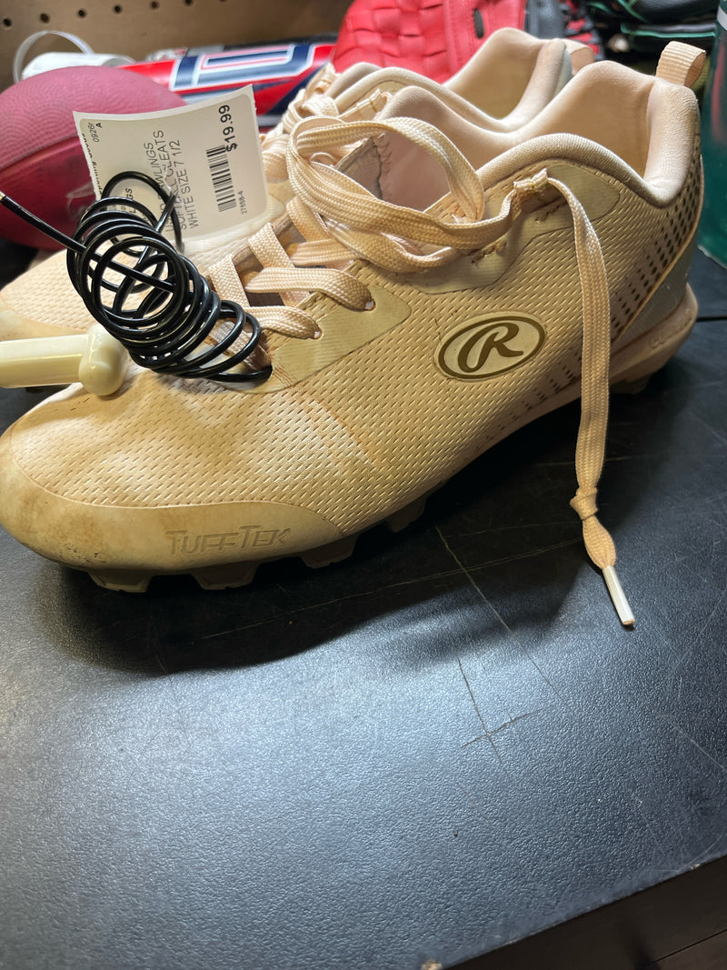 Load image into Gallery viewer, USED RAWLINGS SOFTBALL CLEATS WHITE SIZE 7 1/2
