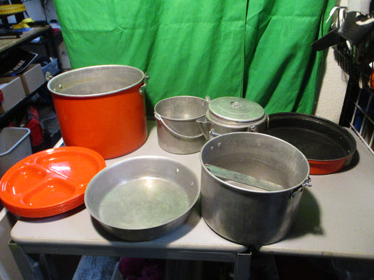 Used Vintage Orange Aluminum Camp Mess Kit Kitchen Pots , 6-Plates