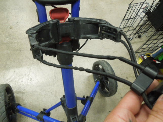Used Clicgear Model 3.0 Folding Golf Push Cart Securing Bungee Straps are Worn