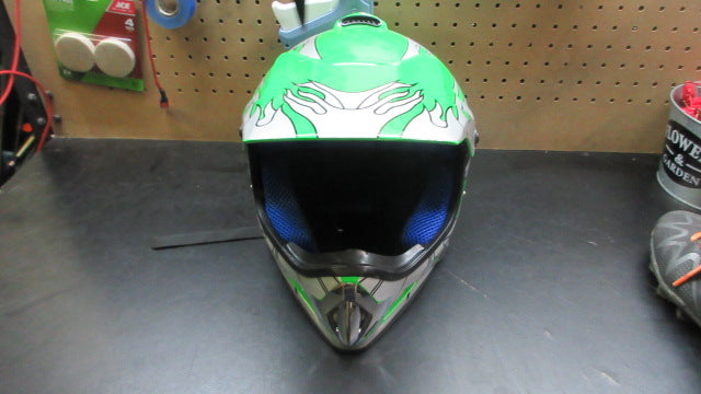 Load image into Gallery viewer, Used Motocross Dirt Bike ATV Helmet Green W/ Silver Flames - Size Large
