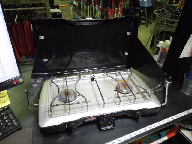 Load image into Gallery viewer, Used Coleman Triton 2 Burner Propane Camping Stove with Wind Shades

