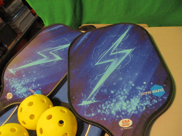 Load image into Gallery viewer, Used Panel Sounds Lighting Pickleball Set 2 Paddles 4 Balls
