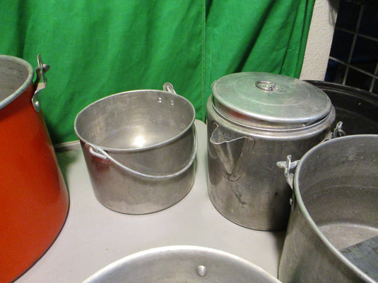 Used Vintage Orange Aluminum Camp Mess Kit Kitchen Pots , 6-Plates
