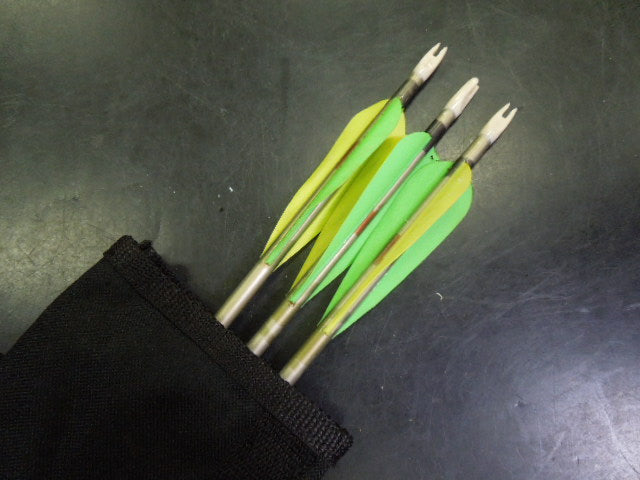Load image into Gallery viewer, Used Clip On Arrow Quiver with 3 Easton XX75 Camo Hunter Arrows
