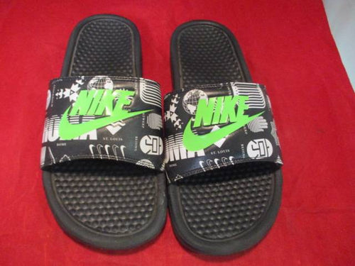 Used Nike Black and Green Benassi sandles  Size 9 Mens