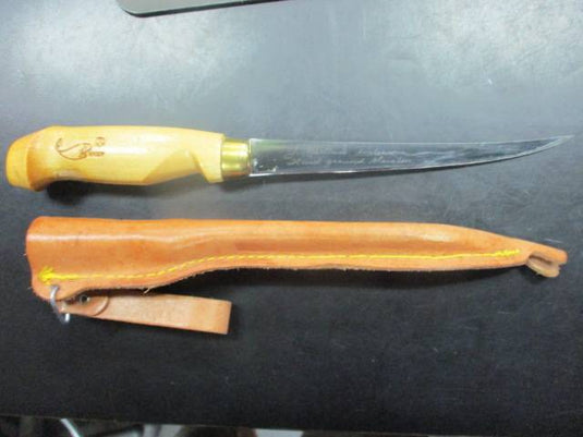 Vintage J. Marttiini Finland Filet Fishing Knife Engraved Blade Leather Sheath