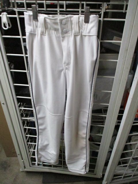 Load image into Gallery viewer, Used A4 White Open Bottom Black Pinned Striped Pants Youth Size Medium

